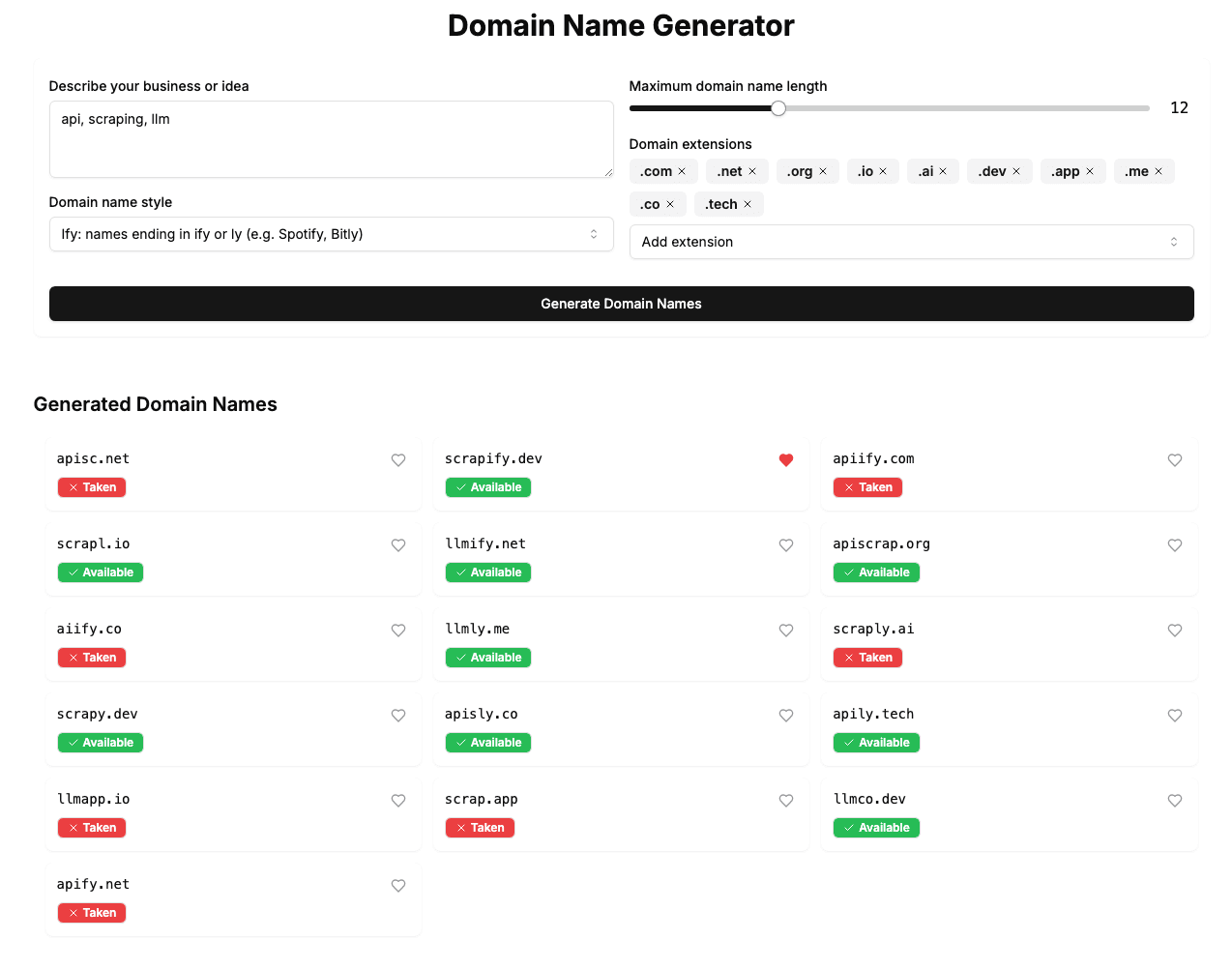 Domain name generation prompt keyword